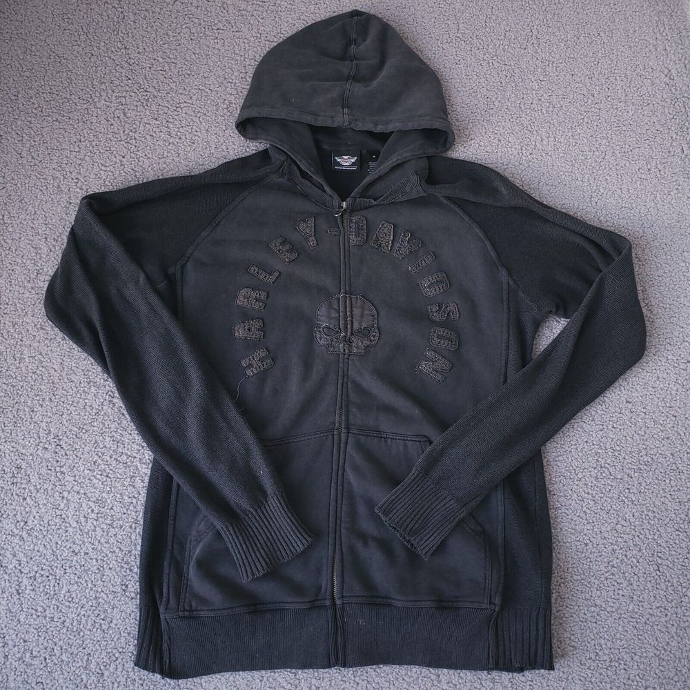 Harley-Davidson Hoodie Mens M Black Full Zip Raglan Willie G Skull 96573-14VM